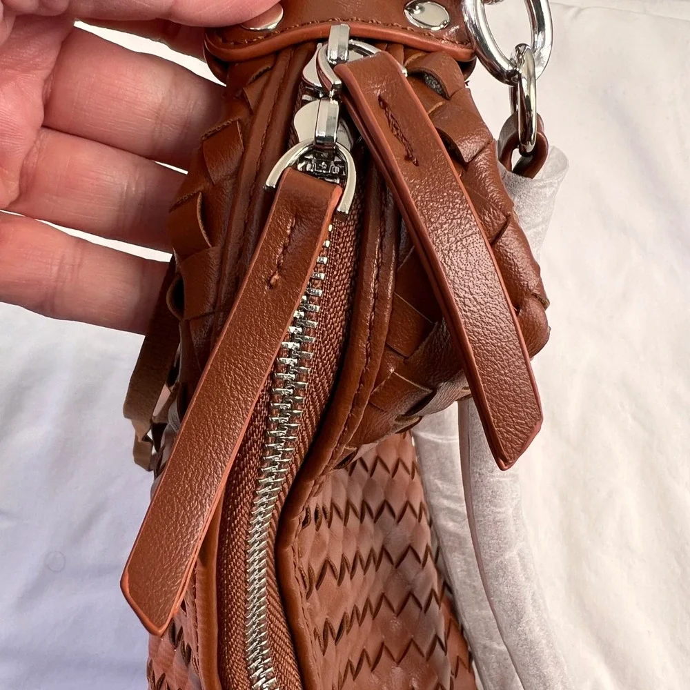 Vegan Leather NEW Woven Hobo Bag with‎ Chain Strap and Tassels Zip Closure Brown